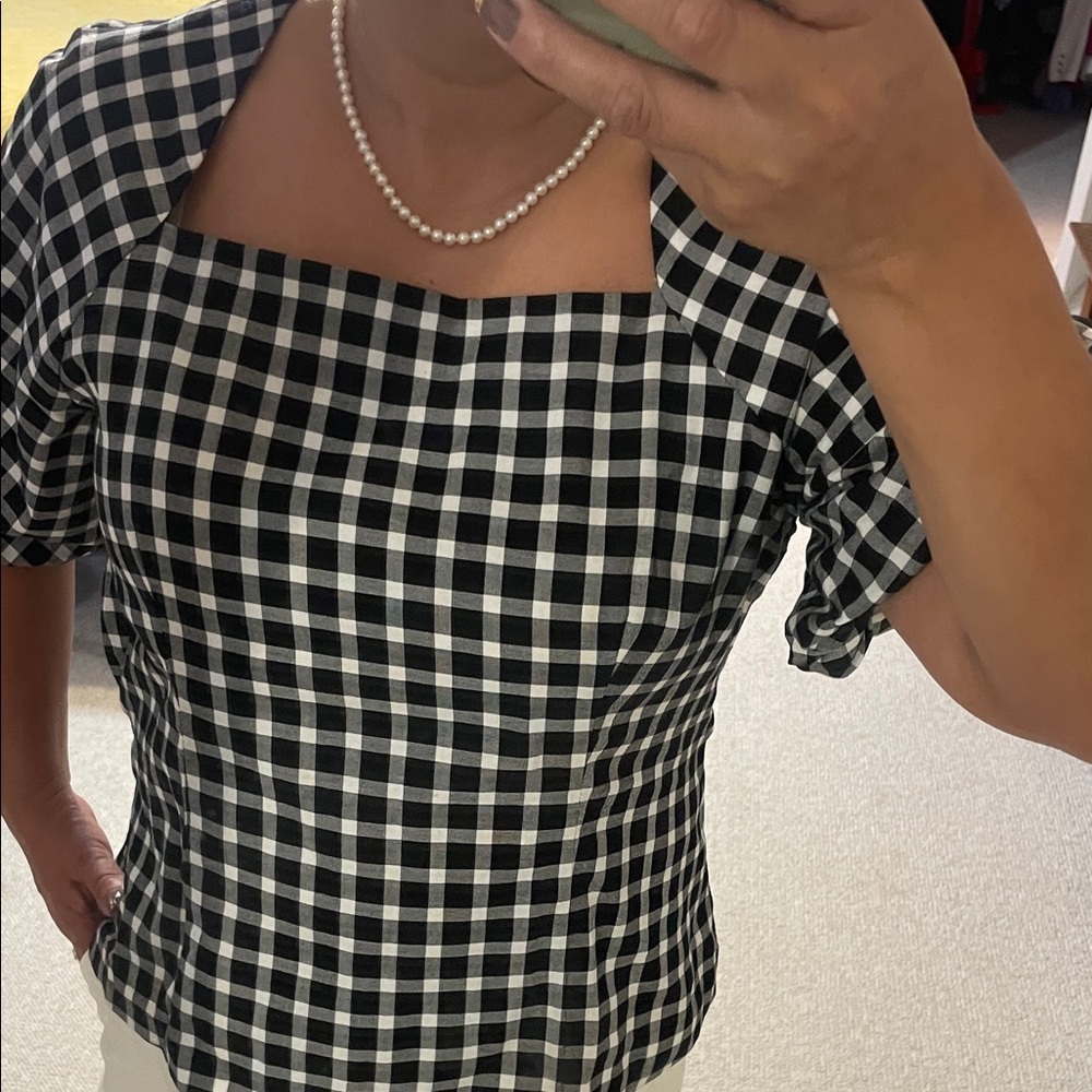 Ann Taylor Black and White Gingham Square-Neck Blouse